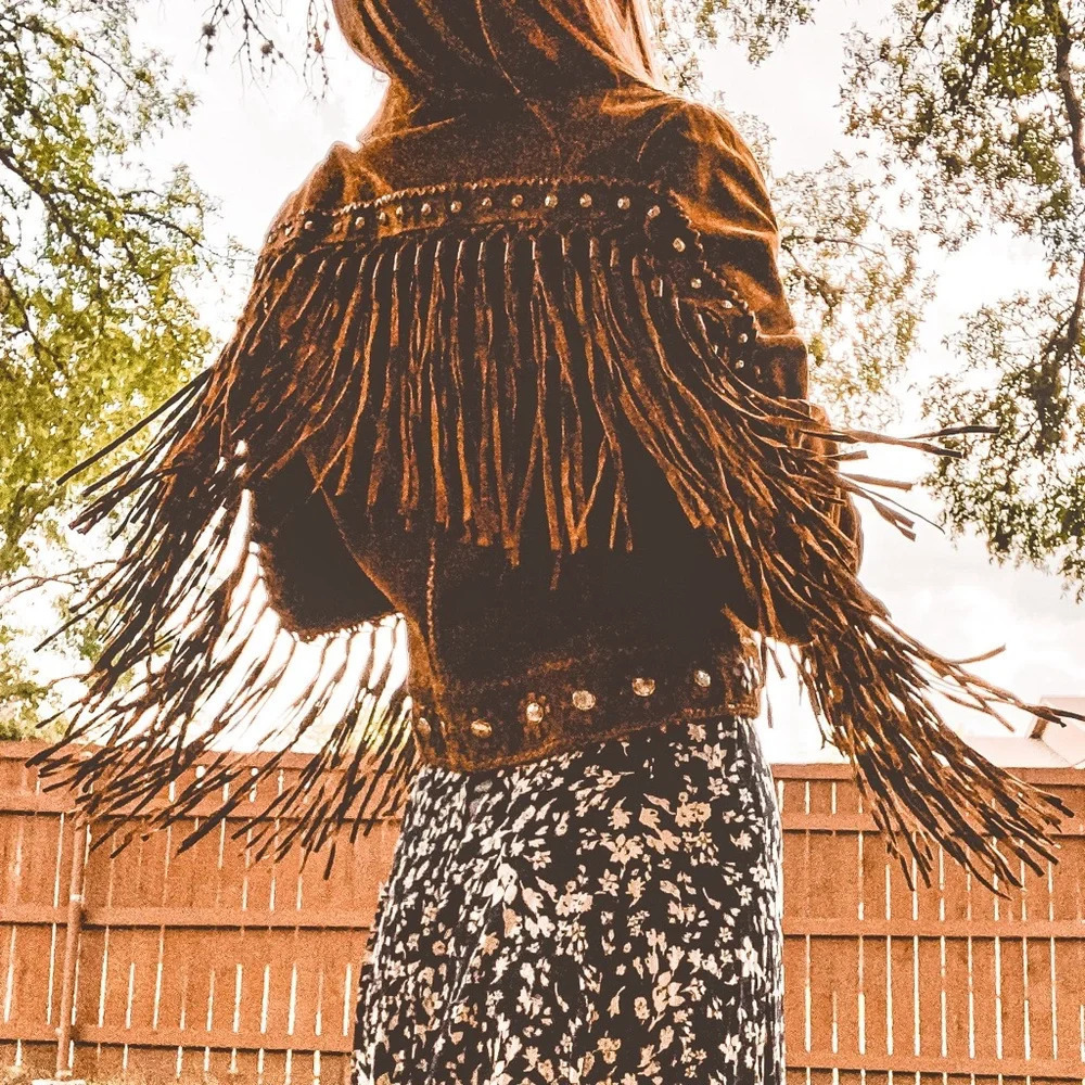 Cripple Creek Long Fringe Genuine Suede Leather Studded Jacket M Taylor Swift